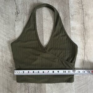 Dark olive green Shein crop top one strap around neck open back